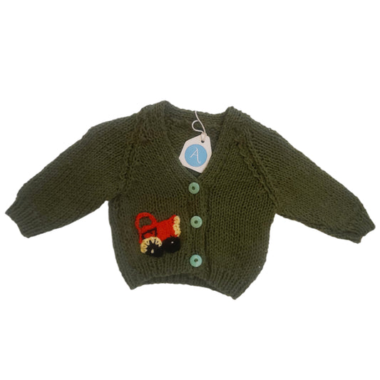 TRACTOR CARDIGAN - OLIVE GREEN 1-2 YEARS
