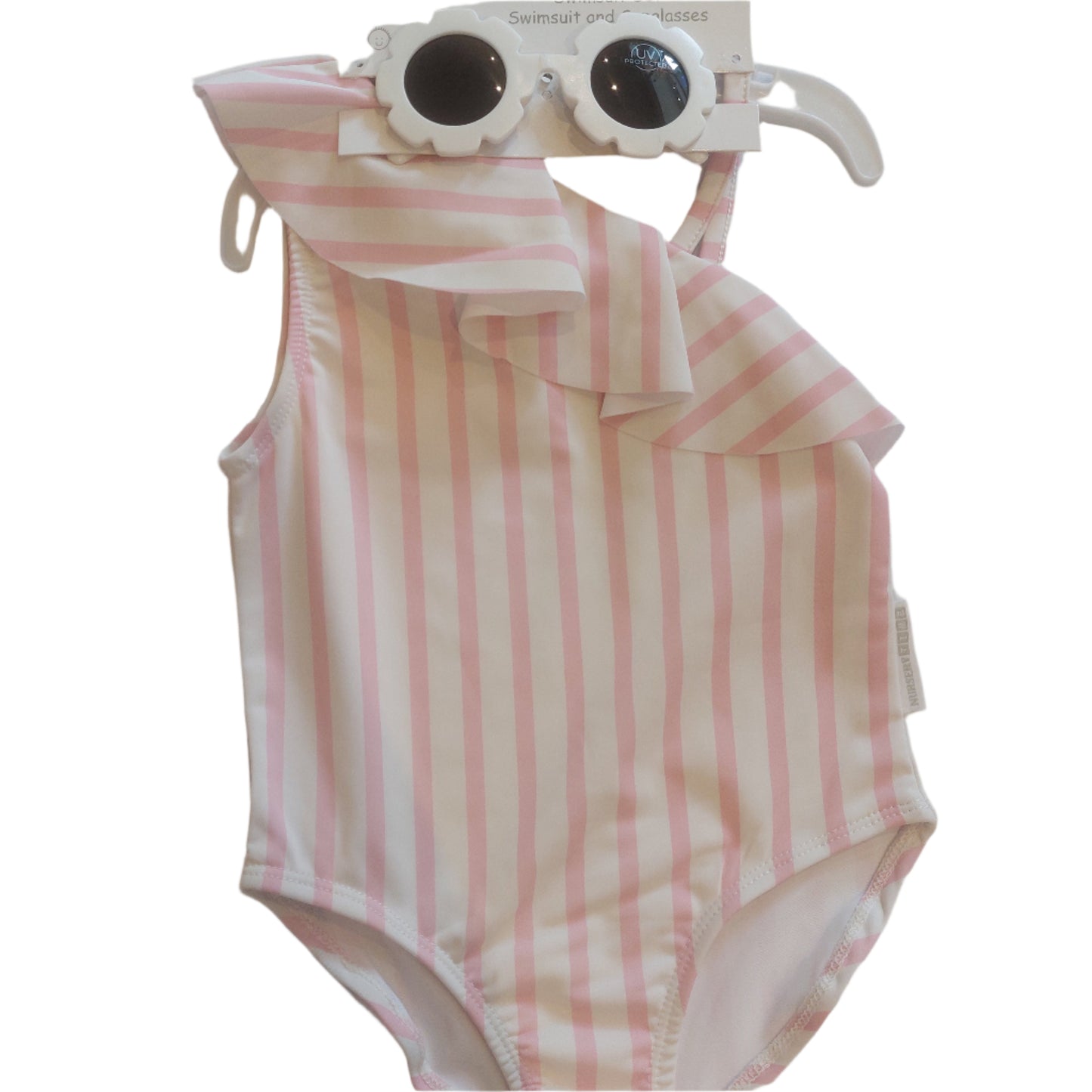 RUFFLE SWIMSUIT WITH SUNGLASSES SET - PINK STRIPE | NURSERY TIME