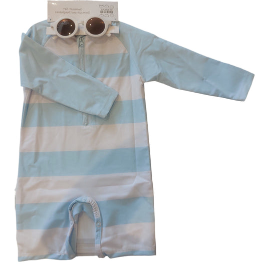 ZIP UP TODDLER SWIMSUIT WITH SUNGLASSES - BLUE STRIPE | NURSERY TIME