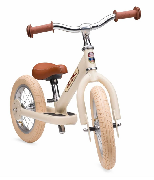 Beige balance bike with brown handlebar and seat. 2-IN-1 TRIKE & BALANCE BIKE - VINTAGE CREAM | TRYBIKE