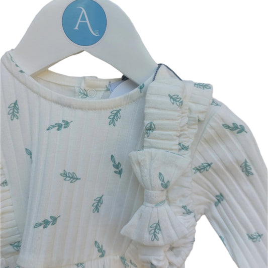 Sage green floral baby dress and matching headband in an off-white cotton-blend fabric; long-sleeve outfit from Just For Me for 3-6 months, 9 months, and 12 months; product shown clearly against a plain background