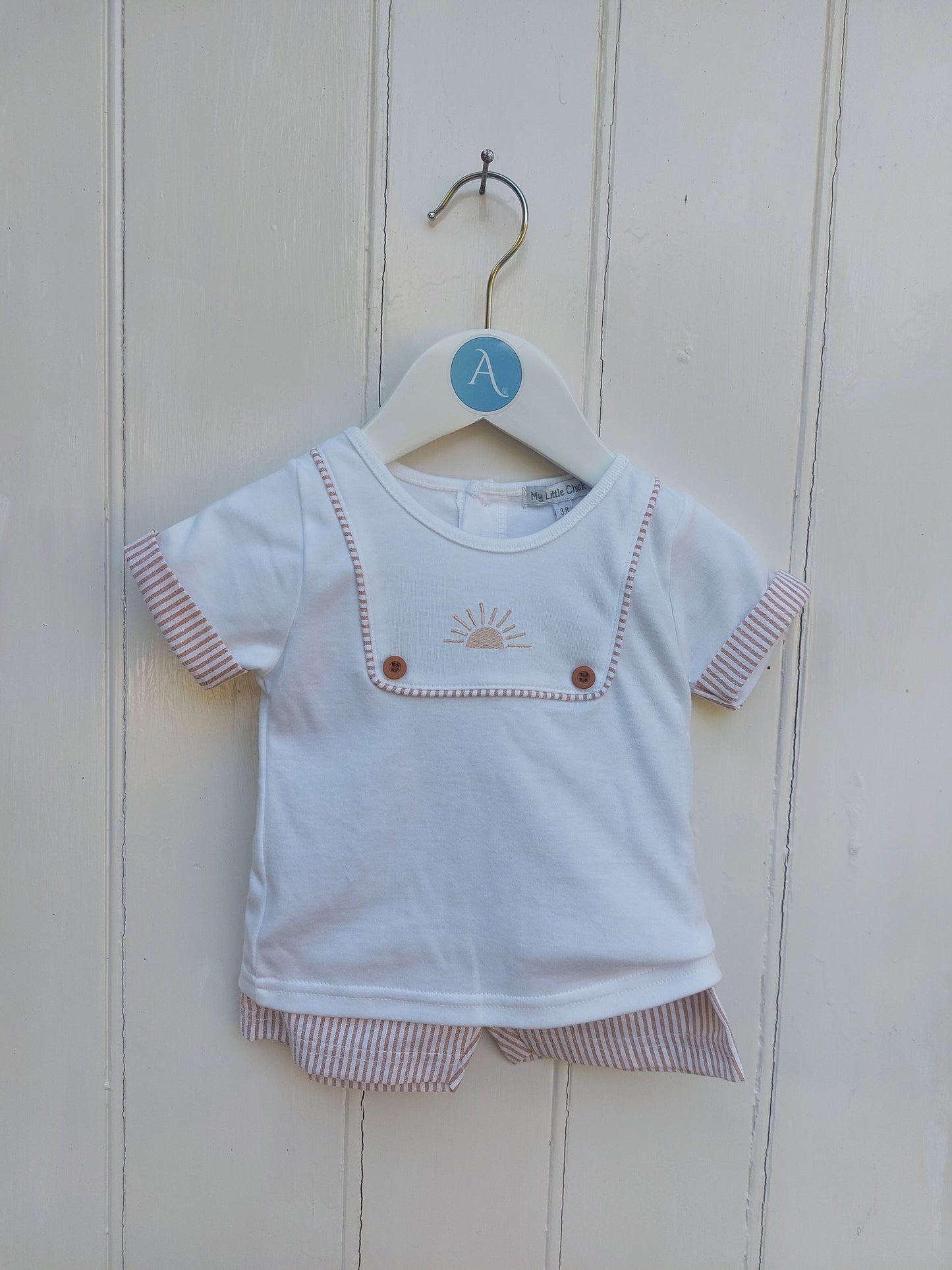 SUNSHINE STRIPE BABY TOP & SHORTS SET - EMBROIDERED TOP & TAUPE STRIPE SHORTS 0-6 MONTHS