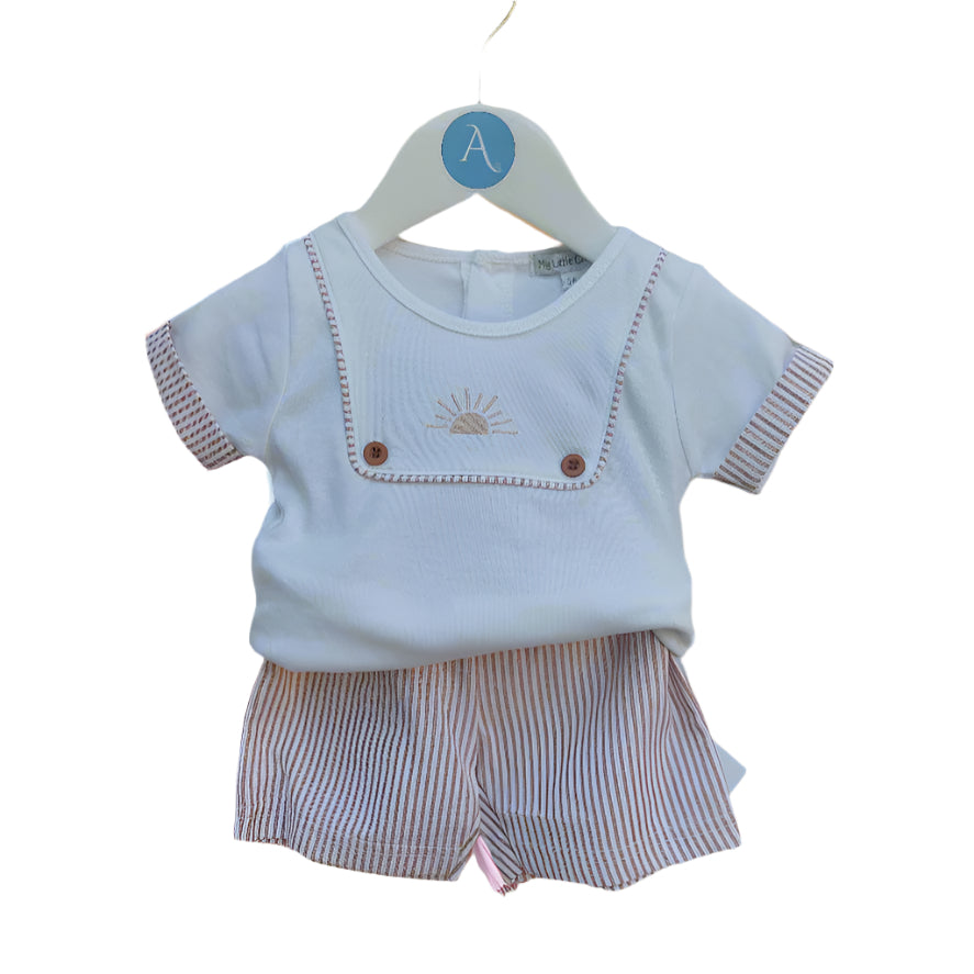 SUNSHINE STRIPE BABY TOP & SHORTS SET - EMBROIDERED TOP & TAUPE STRIPE SHORTS 0-6 MONTHS