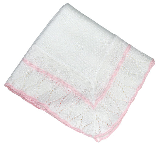 PATTERNED BABY SHAWL - FINE ACRYLIC KNIT, 36″×36″, Pink/White, Blue/White or White