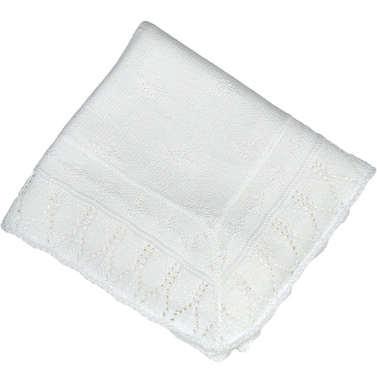 PATTERNED BABY SHAWL - FINE ACRYLIC KNIT, 36″×36″, Pink/White, Blue/White or White
