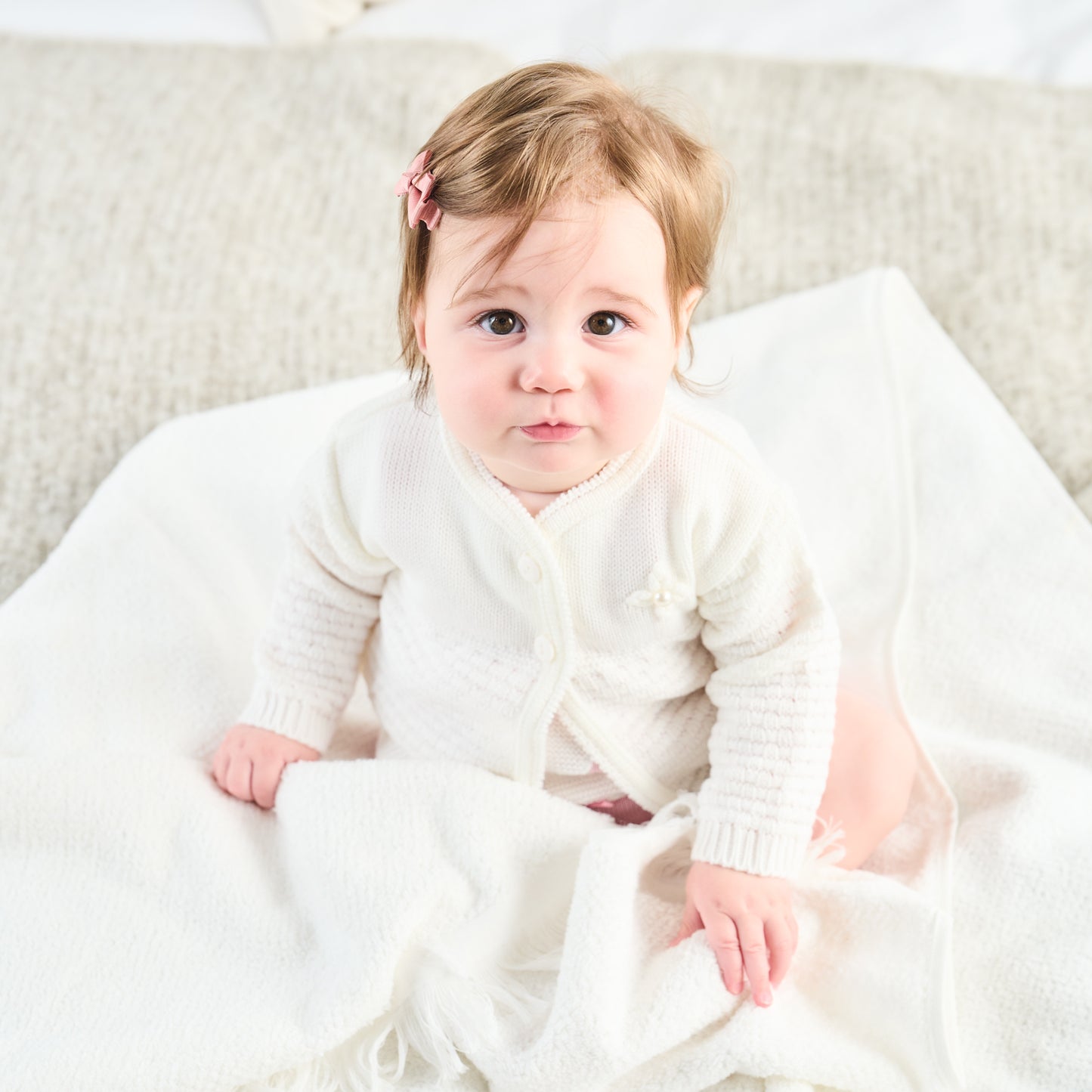 MATINEE BABY CARDIGAN - 100% SOFT ACRYLIC KNIT WITH PEARL FLOWER, 0–6 MONTHS