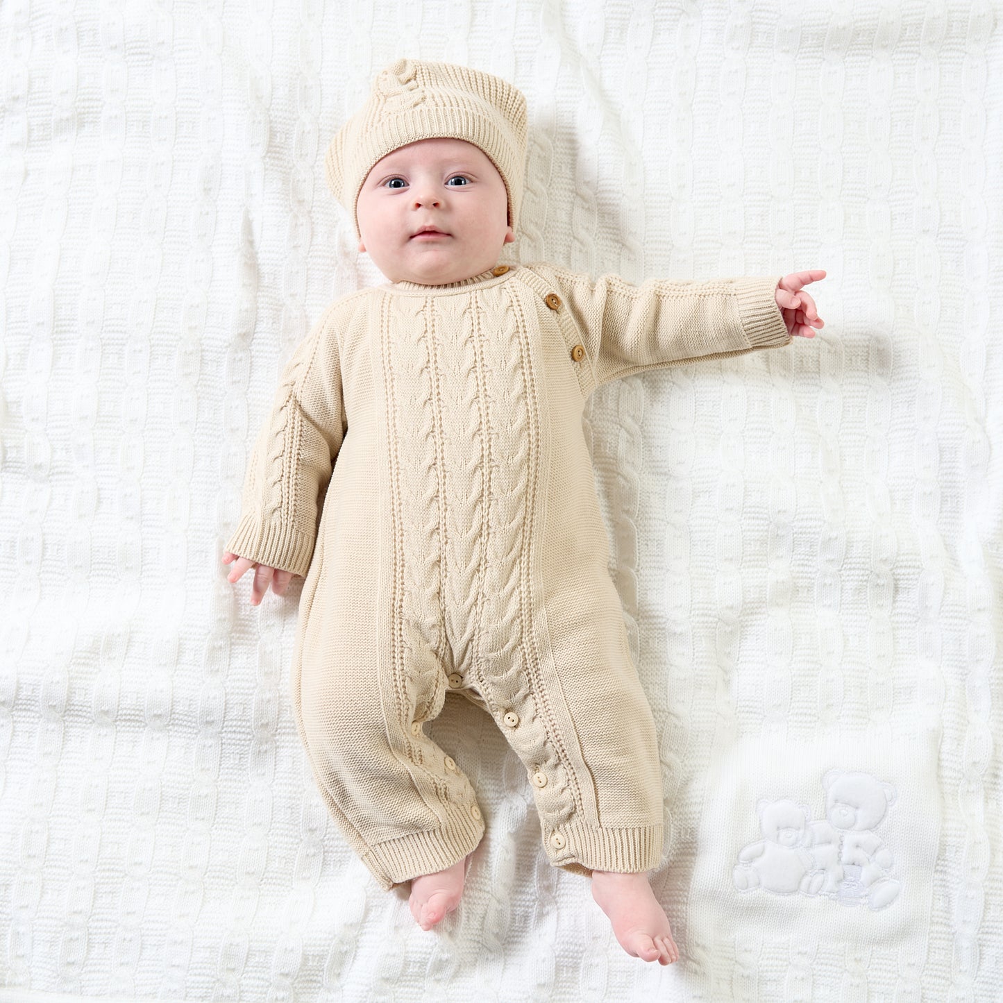 DANDELION KNITTED ONSIE & HAT SET- CABLE-KNIT BABY OUTFIT, WHITE OR TAUPLE, NEWBORN–6 MONTHS
