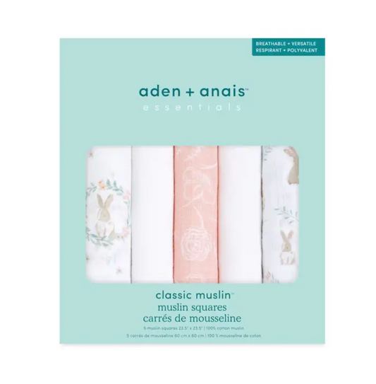 Pack of aden + anais classic muslin squares on a light blue background. ADEN + ANAIS 5 PACK BABY MUSLIN SQUARES - BLUSHING BUNNIES