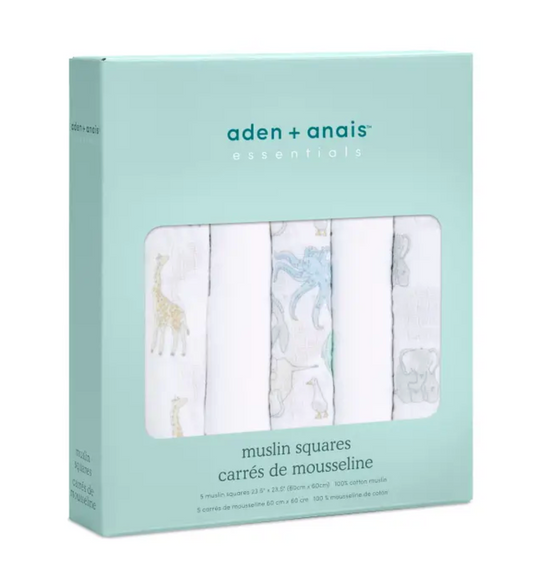 Package of aden + anais muslin squares with animal prints on a light blue background. ADEN + ANAIS 5 PACK BABY MUSLIN SQUARES - NATURAL HISTORY