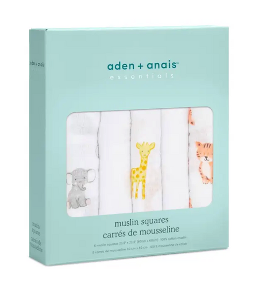 Box of aden + anais muslin squares with animal illustrations. ADEN + ANAIS 5 PACK BABY MUSLIN SQUARES - SAFARI BABES