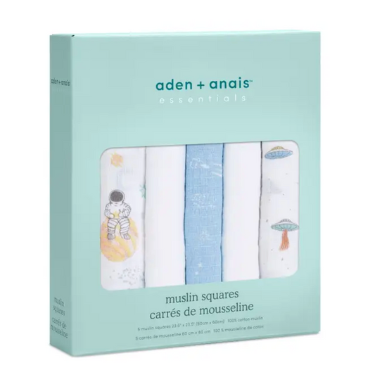 Package of aden + anais muslin squares with illustrations on a light green background. ADEN + ANAIS 5 PACK BABY MUSLIN SQUARES - SPACE EXPLORERS