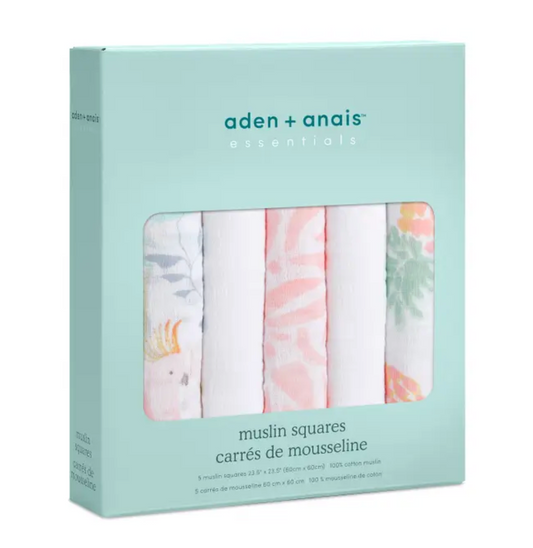 Package of aden + anais muslin squares with a light green background. ADEN + ANAIS 5 PACK BABY MUSLIN SQUARES - TROPICALIA