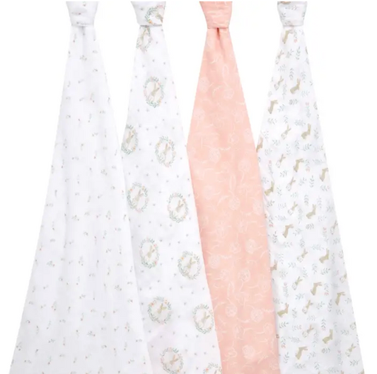 Two baby blankets with pink and white patterns. ADEN + ANAIS COTTON BABY SWADDLE 4 PACK - BLUSHING BUNNIES