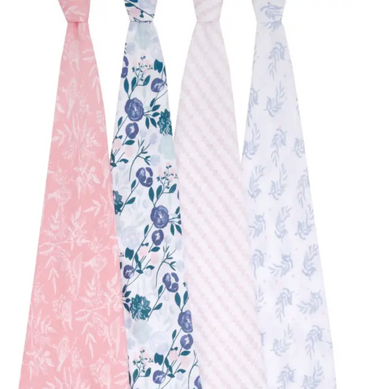 Four baby swaddle blankets with floral and striped patterns. ADEN + ANAIS COTTON BABY SWADDLE 4 PACK - FLOWERS BLOOM