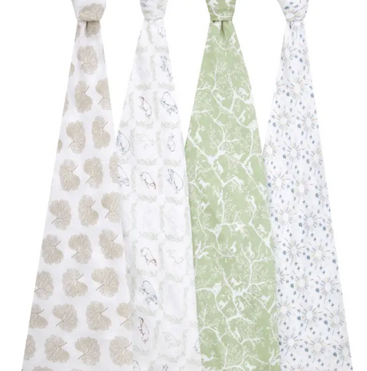 Four patterned ties in different designs on a white background. ADEN + ANAIS COTTON BABY SWADDLE 4 PACK - HARMONY