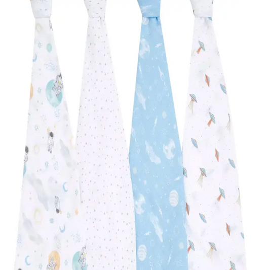 Set of four baby swaddle blankets with various patterns. ADEN + ANAIS COTTON BABY SWADDLE 4 PACK - SPACE EXPLORERS