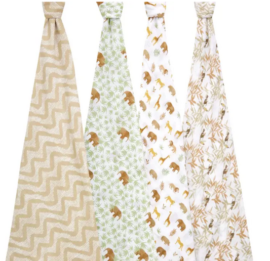 Four fabric swatches with different patterns on a white background. ADEN + ANAIS COTTON BABY SWADDLE 4 PACK - TANZANIA