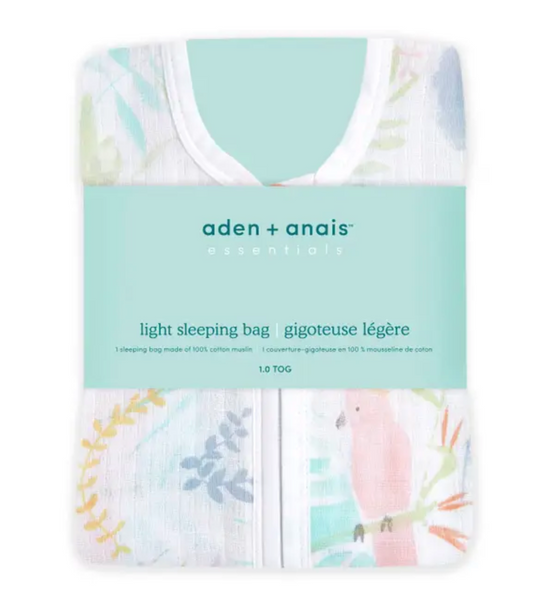Aden + Anais light sleeping bag packaging with bird design. AIDEN + ANAIS COTTON ESSENTIAL SLEEPING BAG 1.0 TOG - TROPICALIA