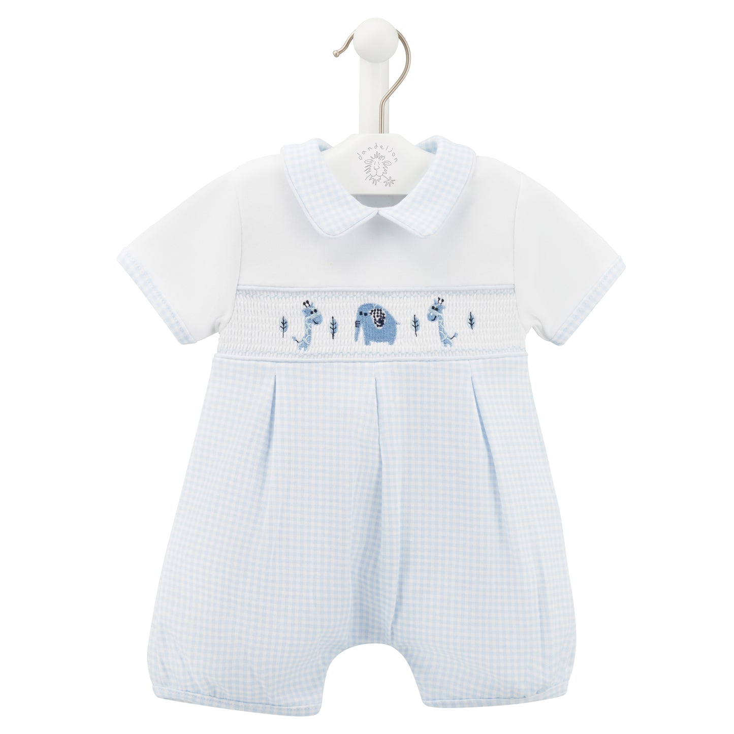 DANDELION SMOCKED JUNGLE FRIENDS COTTON ROMPER - 0–12 Months, PETER PAN COLLAR