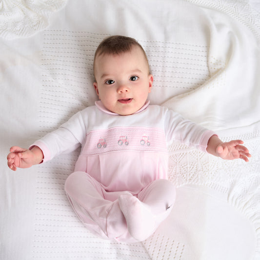 DANDELION LITTLE TRACTOR SMOCKED SLEEPSUIT - 100% COTTON, 0-12 MONTHS, 3 COLOURS