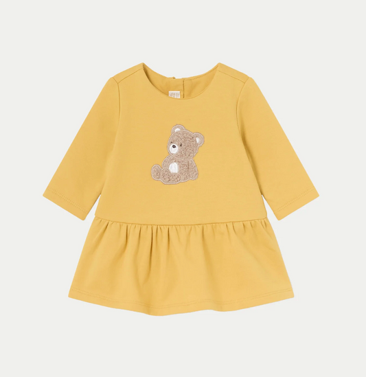 Mayoral Yellow dress with a teddy bear design. BABY GIRL TEDDY DRESS, GILET & HEADBAND SET - SAFFRON YELLOW | MAYORAL
