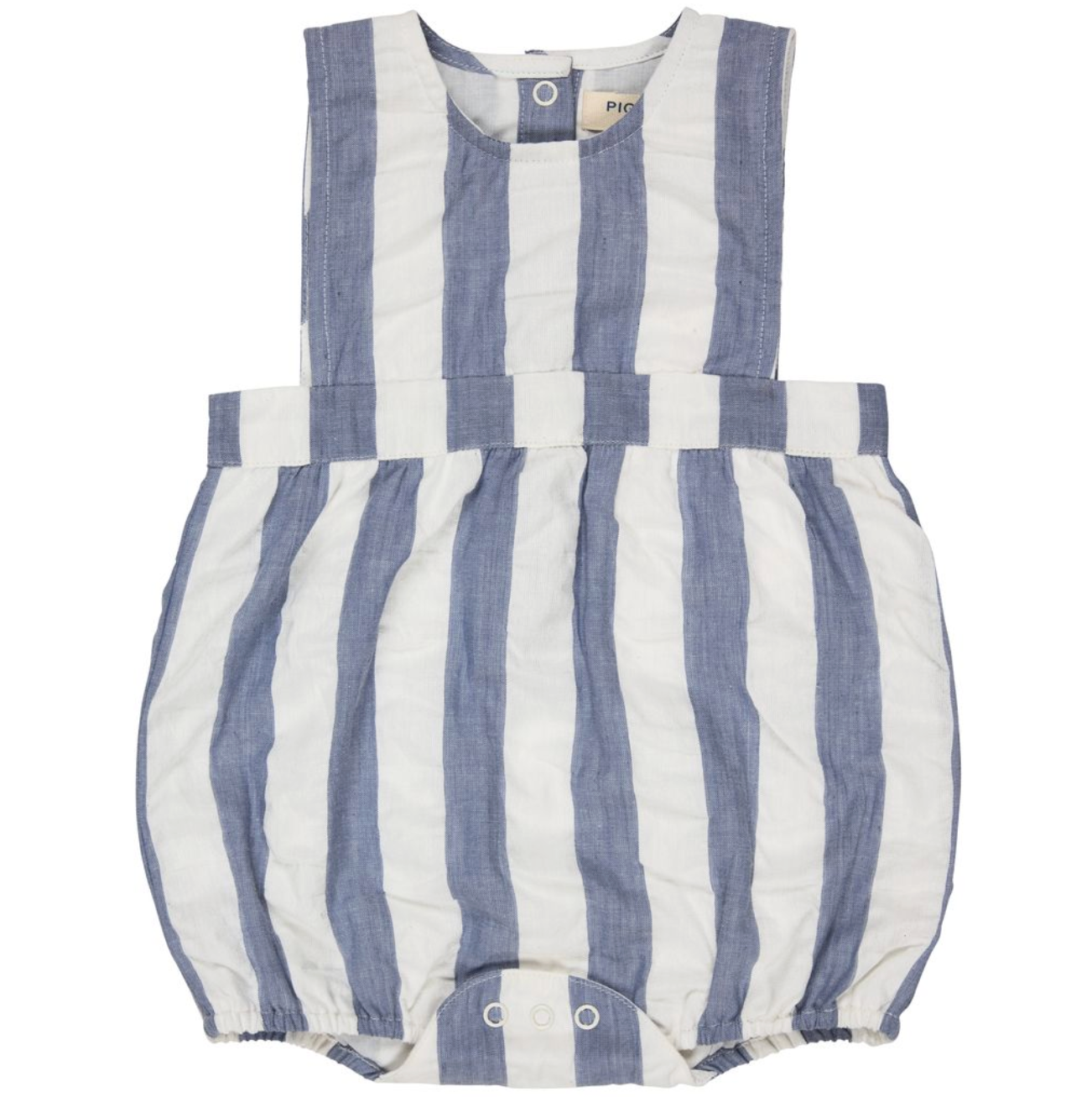 Blue and white Pigeon Organics striped baby romper on a white background