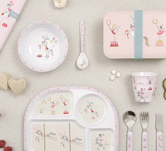 Children's tableware set with plates, cups, and cutlery featuring unicorn designs on a light gray background. CHILDREN'S MELAMINE BEAKER - FAIRGROUND PONIES | SOPHIE ALLPORT