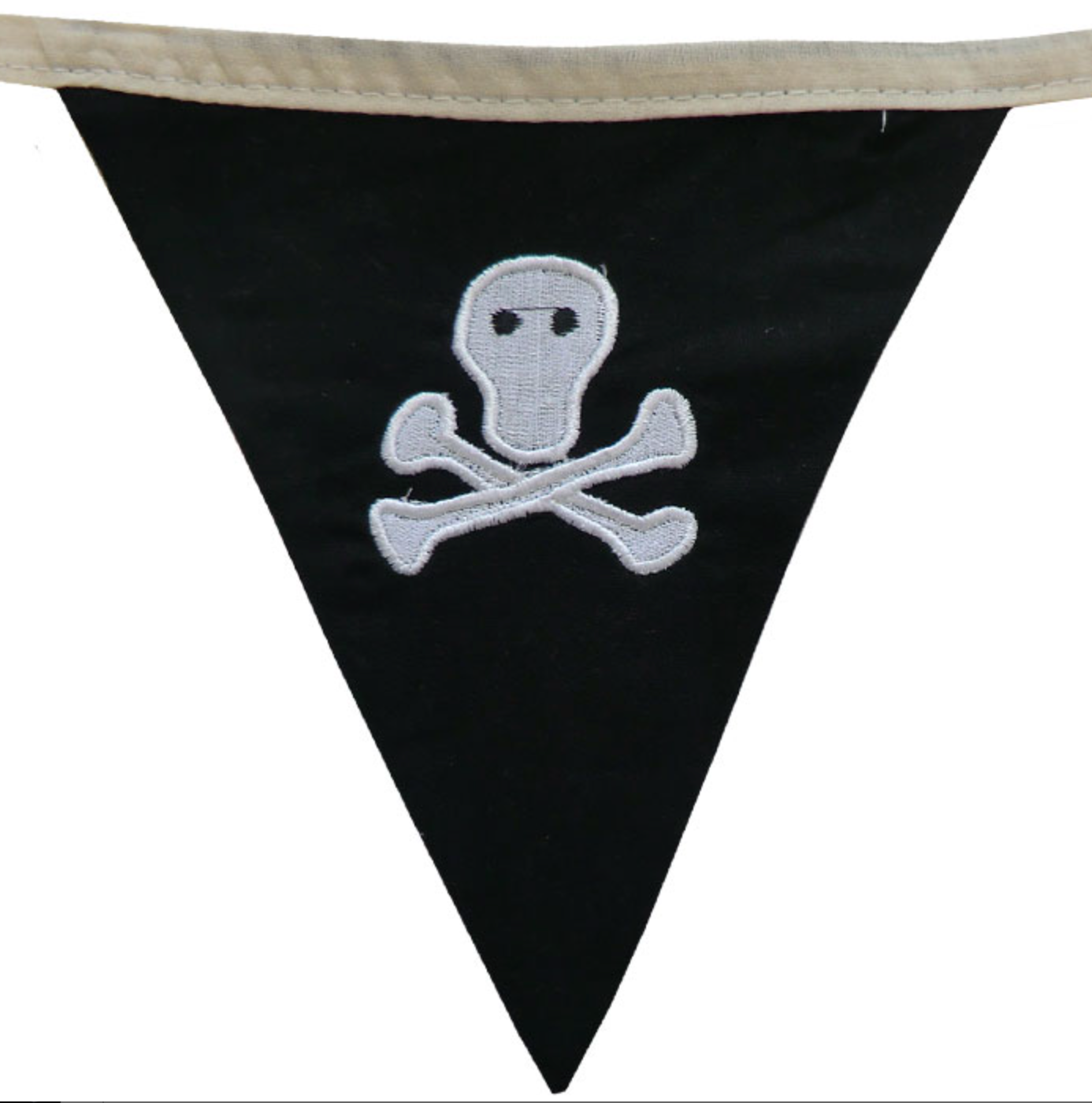 Black triangle-shaped flag with a white skull and crossbones design. CHILDREN'S PIRATE BUNTING FOR BEDROOMS & PARTIES | POWELL CRAFT