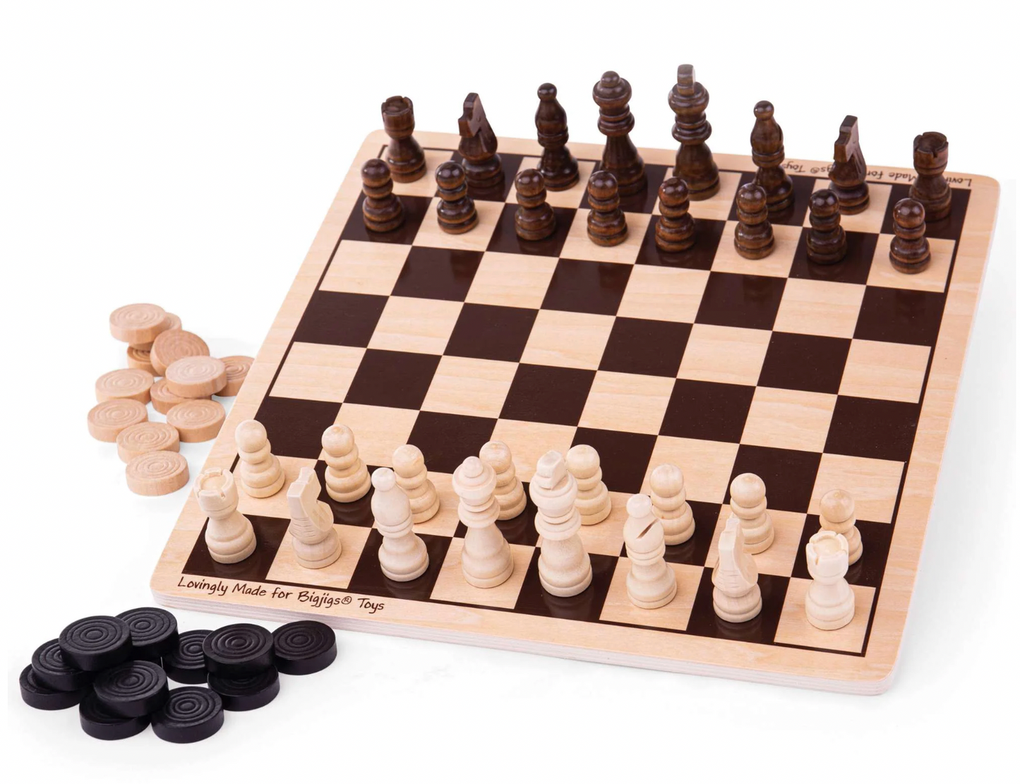 Wooden chess set with pieces on a checkered board