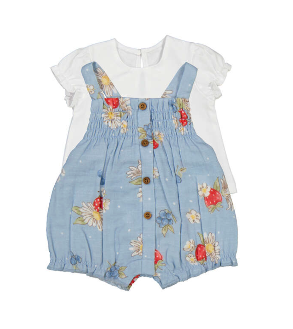 Girls Mayoral Children's outfit with floral blue strawberry romper. COTTON BABY GIRLS STRAWBERRY ROMPER SET | MAYORAL