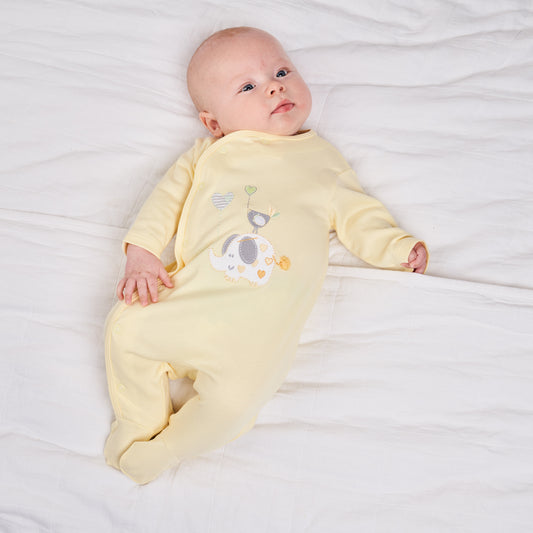 ELEPHANT & BIRD WITH BALLOON COTTON SLEEPSUIT - 100% COTTON, 0–6 MONTHS, LEMON YELLOW