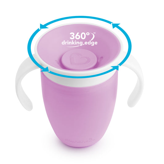 Blue Munchkin Miracle 360 Trainer Cup with white rim and side handles, shown from the front on a white background with its central drinking valve visible.