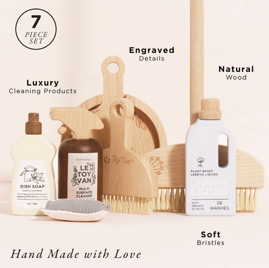 Set of luxury cleaning products with natural wood and engraved details on a light background. ECO-FRIENDLY WOODEN TOY CLEANING SET | LE TOY VAN