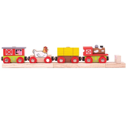 Wooden toy train set with farm-themed cars on a white backgroundFARMYARD TRAIN | BIGJIGS TRAIN