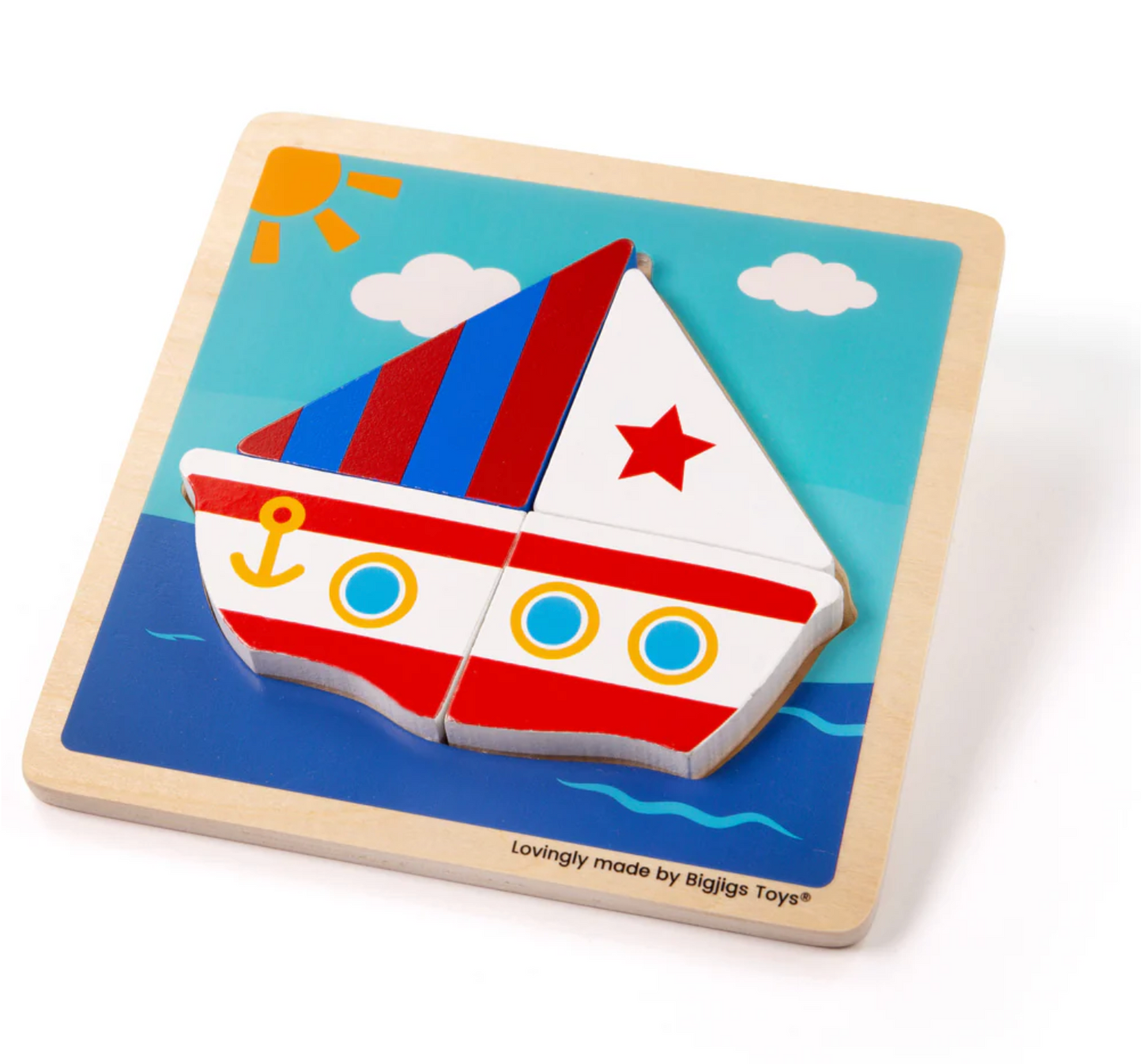 Children's puzzle with a boat design on a blue background, featuring the brand 'Bigjigs Toys'. FIRST WOODEN PUZZLE - BOAT | BIGJIGS