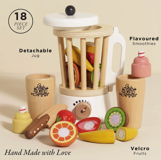 Wooden toy smoothie set with detachable jug and fruits on a beige background FRUIT & SMOOTHIE WOODEN TOY BLENDER SET | LE TOY VAN