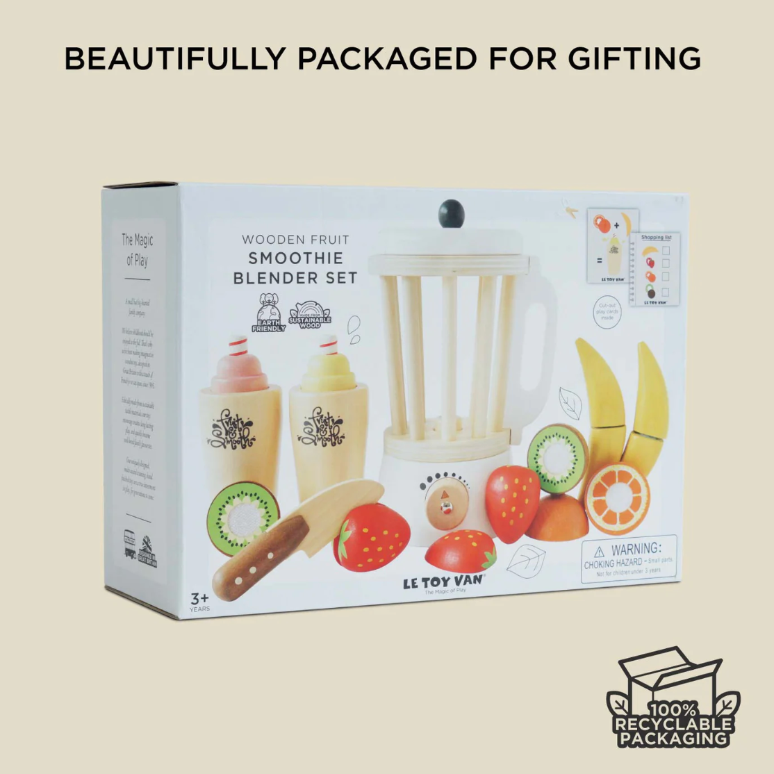 Wooden fruit smoothie blender set packaging with branding and recyclable packaging label. FRUIT & SMOOTHIE WOODEN TOY BLENDER SET | LE TOY VAN