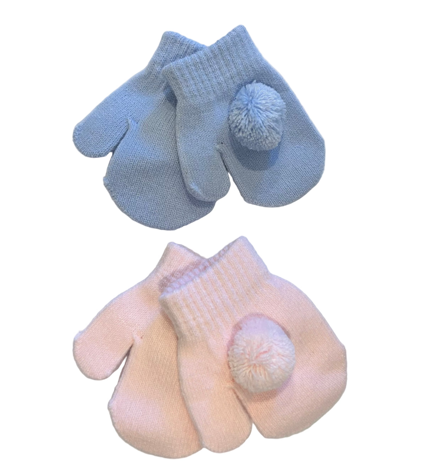 KNITTED BABY MITTENS WITH POMPOMS - BABY BLUE