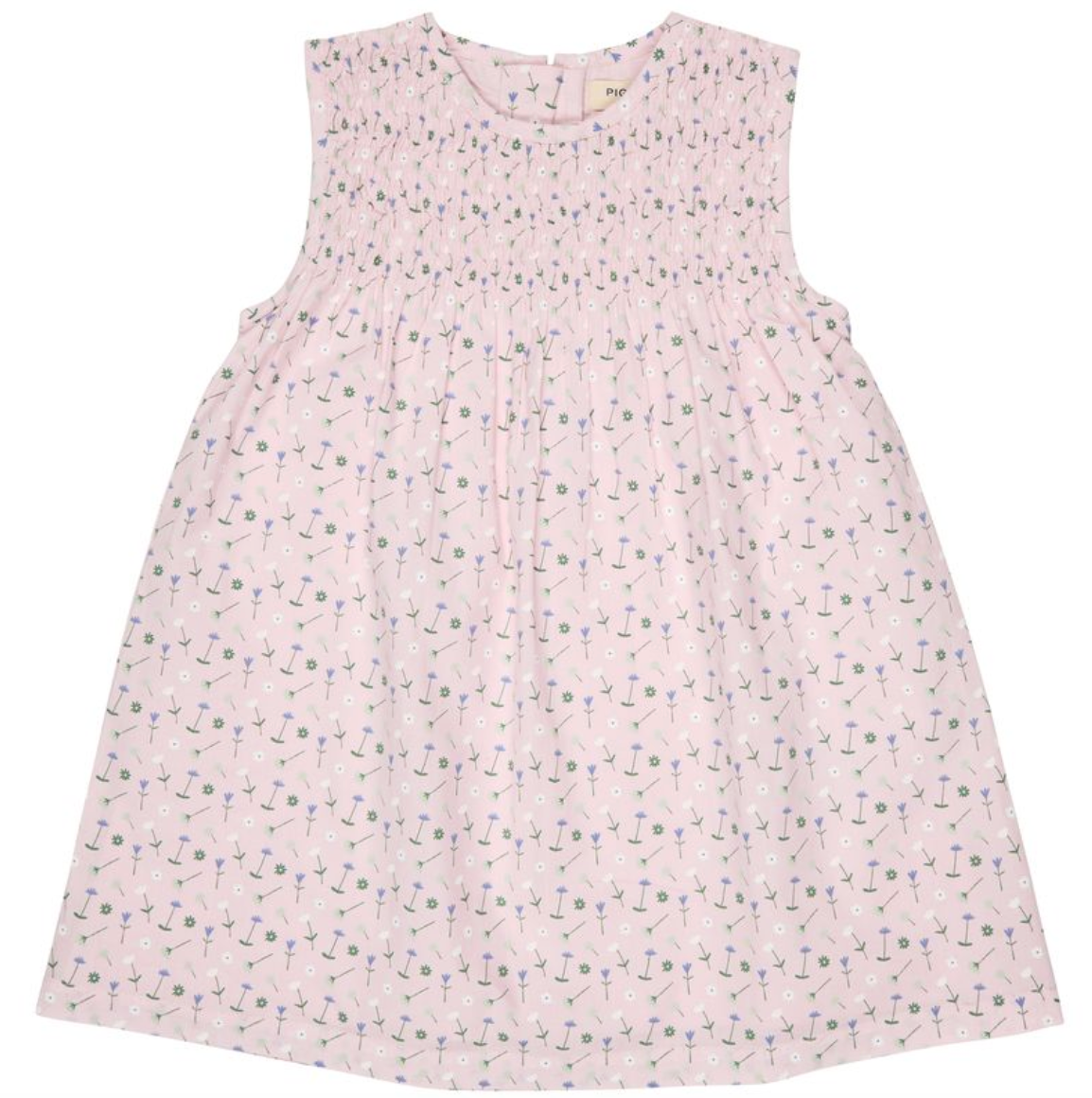 Girls Pink sleeveless Pigeon Organics dress with small floral pattern