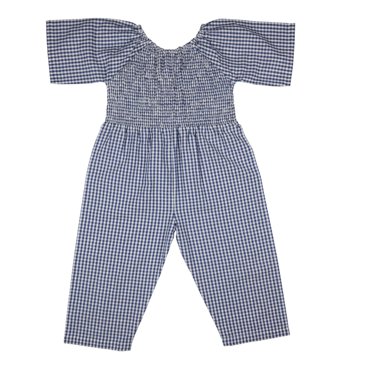 Blue and white checkered off-shoulder jumpsuit. GIRL'S ORGANIC COTTON SMOCKED JUMPSUIT - NAVY | PIGEON ORGANICS
