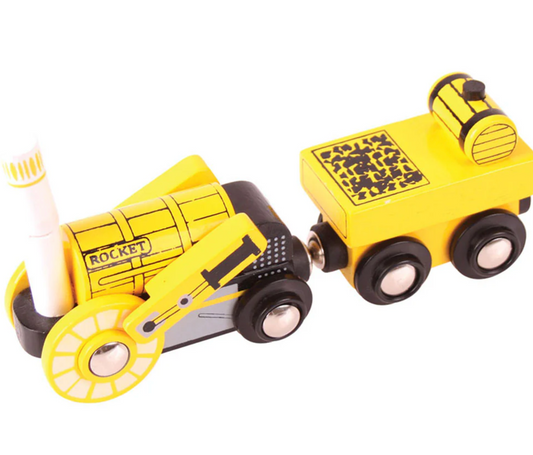 Two toy trains, one labeled 'Rocket'. HERITAGE COLLECTION ROCKET ENGINE TRAIN | BIGJIGS RAIL