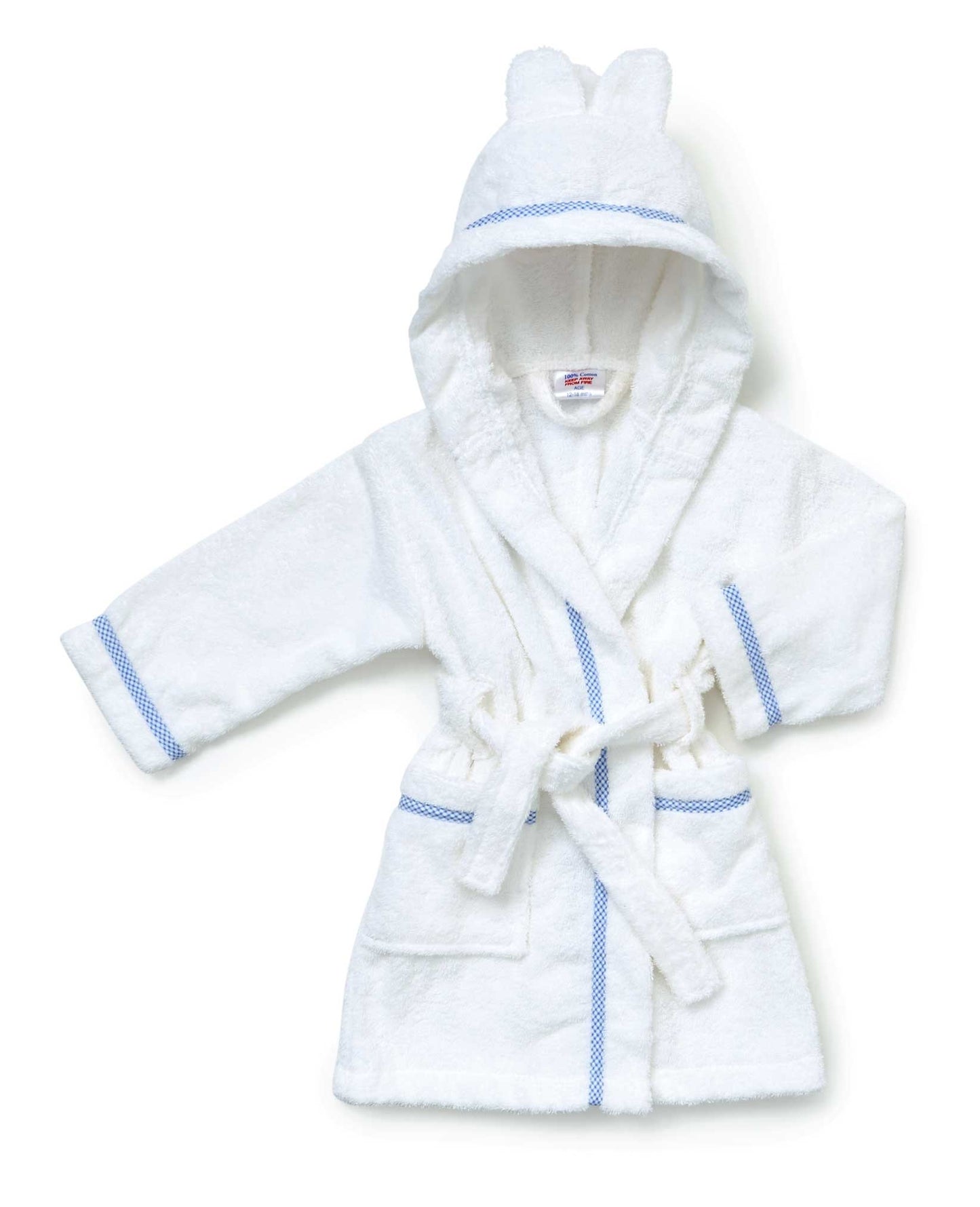 A white hooded towelling baby robe with BLUE gingham trim and ear detailing on the hood. HOODED TOWELLING BABY & TODDLER ROBE - SOFT TERRY COTTON | DANDELION