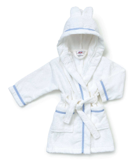 A white hooded towelling baby robe with BLUE gingham trim and ear detailing on the hood. HOODED TOWELLING BABY & TODDLER ROBE - SOFT TERRY COTTON | DANDELION