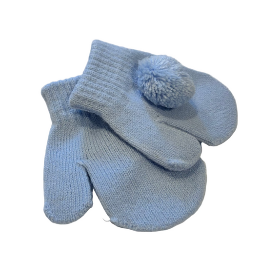 KNITTED BABY MITTENS WITH POMPOMS - BABY BLUE