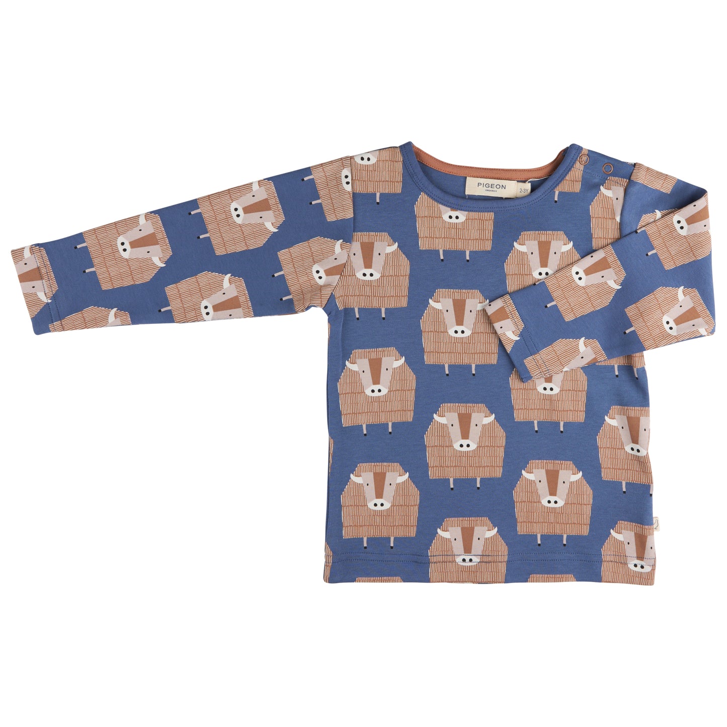 A long sleeve blue T-shirt with a pattern of buffaloes on a night blue background. KID'S ORGANIC COTTON LONG SLEEVE T-SHIRT - BUFFALO MIDNIGHT BLUE | PIGEON ORGANICS