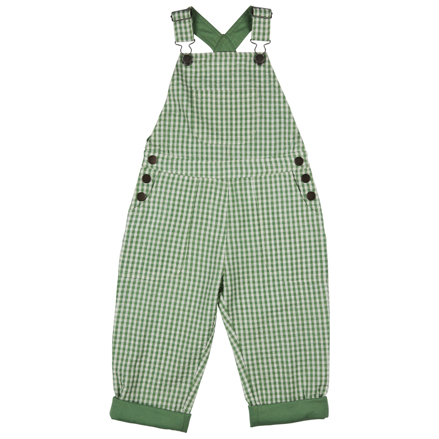 Green checkered overalls with button details. KID'S ORGANIC COTTON WORKER DUNGAREEES - GREEN CHECK | PIGEON ORGANICS