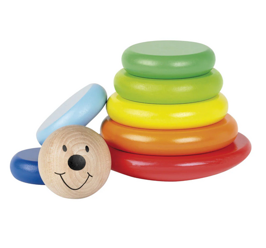Colorful stack of wooden rings with a bear-shaped top on a white background MAGNETIC WOODEN WOBBLY STACKER | TIDLO