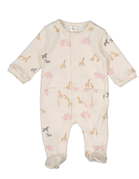Baby onesie with animal print. MAYORAL BABY COTTON SLEEPSUIT - PINK NEUTRAL JUNGLE