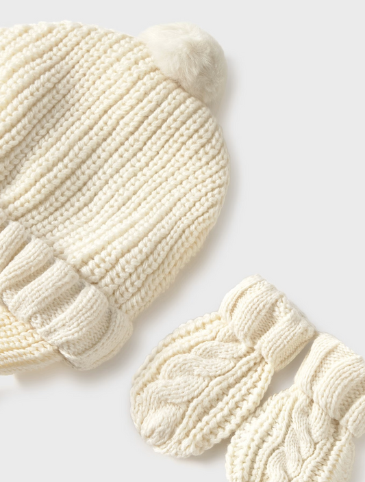 White knitted hat and mittens set. MAYORAL BABY HAT & MITTEN SET - CREAM