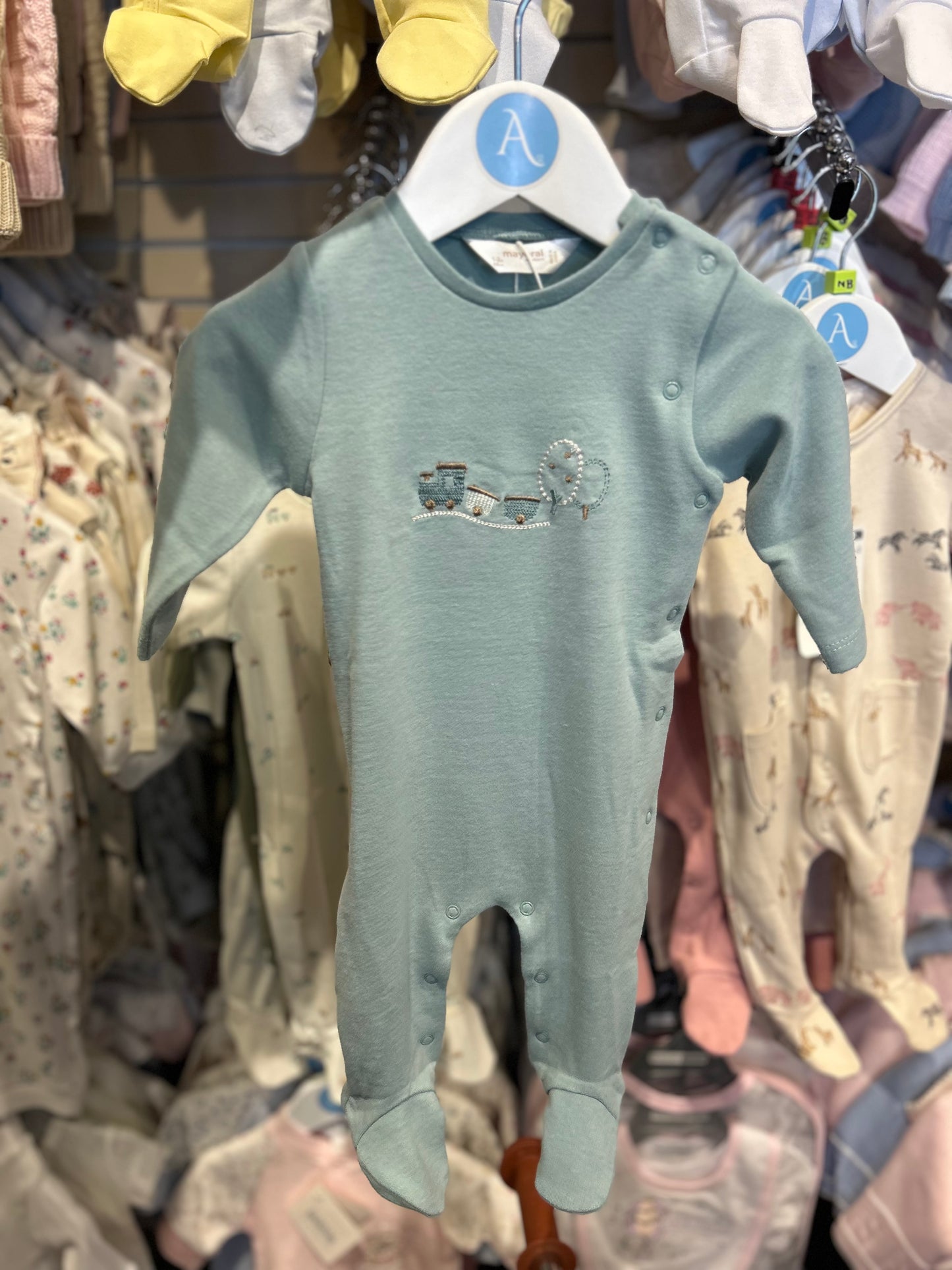 MAYORAL BABY TRAIN COTTON SLEEPSUIT - BLUE GREEN